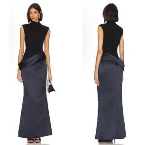 Nafsika Skourti Black and Navy The Trophy Mock Neck Maxi Gown Size UK 8